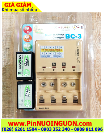 Super BC-3; Bộ sạc Super BC-3 kèm 02 pin sạc NiMh Ansman MaxE200 (9v 200mAh)